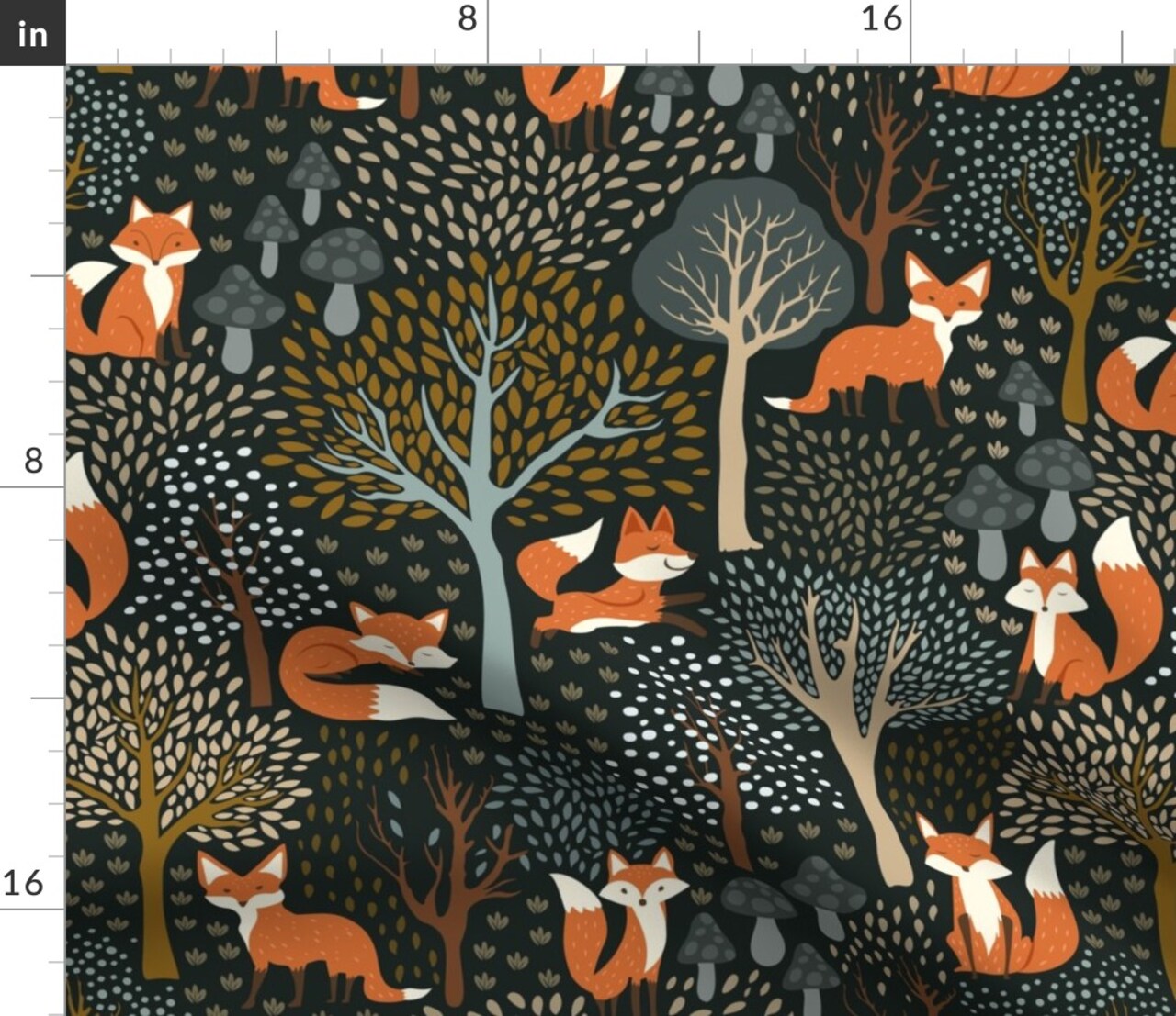 Red Fox Whimsical Woodland Autumn Fall Fox Mushroom Forest Animals Dark Green Custom Printed Fabric by Spoonflower Various Fabrics by the Yard or Fat Quarter